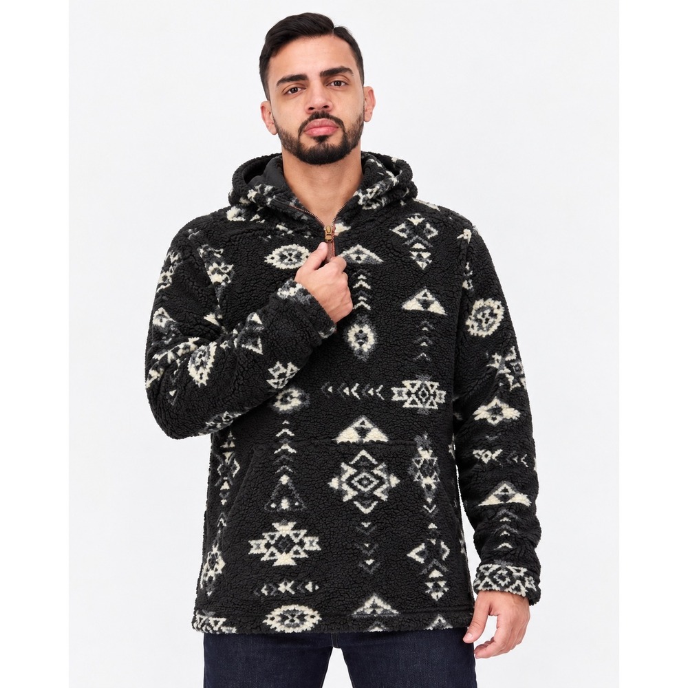 True Grit Sherpa Fleece Hoodie XL Black Gray Aztec Southwestern 1/4 Zip Pullover